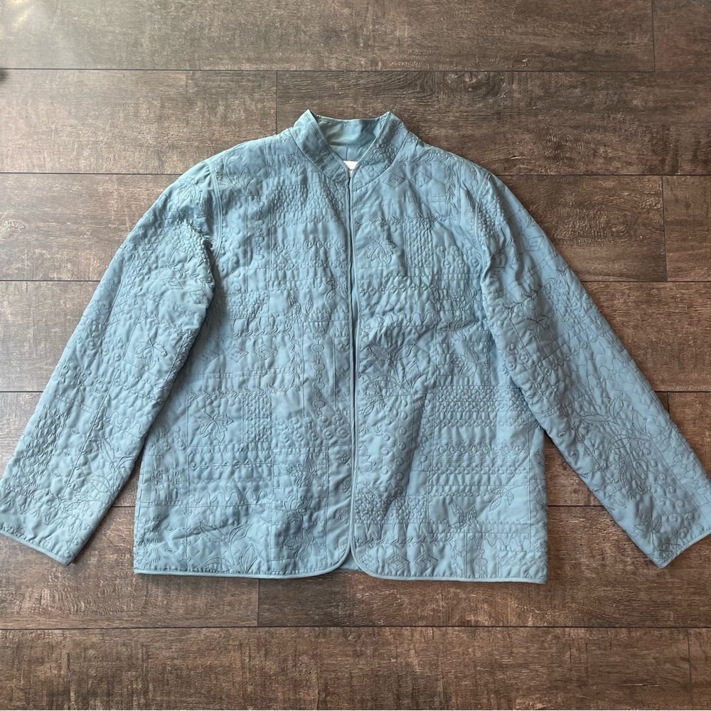 Blue quilted floral embroidery boho open jacket